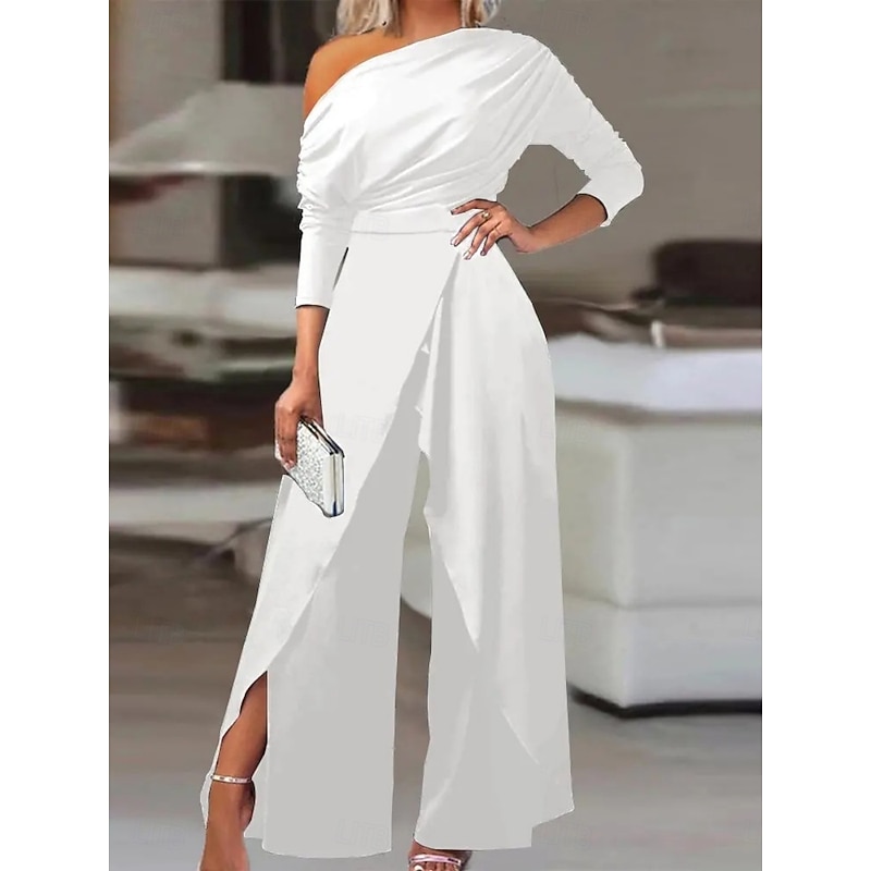 Women's Normal Jumpsuit Elegant Solid Color Long Sleeve Wide Leg Cold Shoulder High Waist Vacation Party Regular Fit Black White Blue Summer2