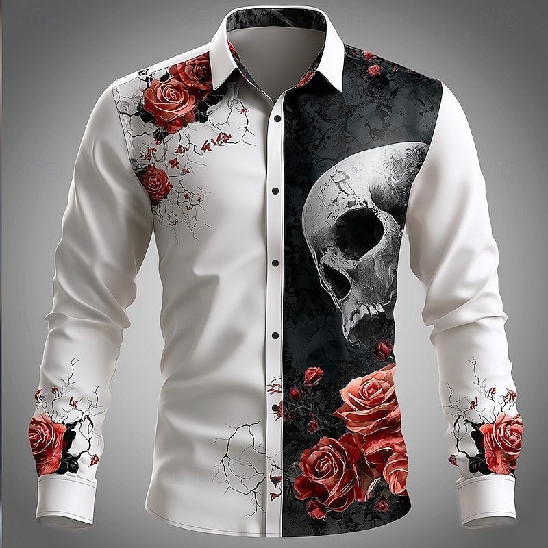 Men's Romantic Halloween Costumes Day of the Dead Shirt Button Up Shirt Long Sleeve Dark Gothic Style Holiday Streetwear Summer Spring Turndown 3D Print Collared Shirts White+Black White2