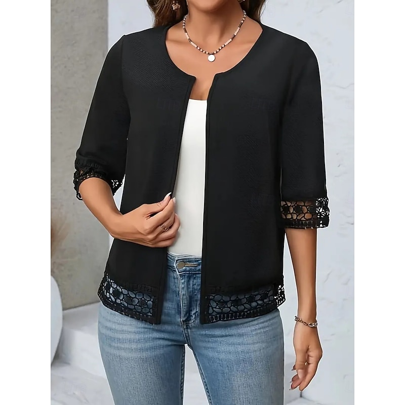 Women's Casual Jacket Breathable Comfortable Patchwork Cut Out Elegant Casual Plain Vacation Street Casual Daily Wear Open Front Regular Crewneck Regular Fit Half Sleeve Outerwear Black Summer Spring