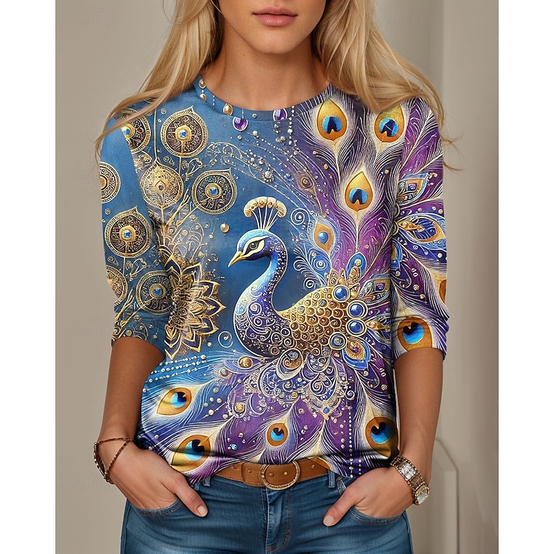Women's T shirt Long Sleeve Crew Neck Long Sleeve Tunic Graphic Animal Bird Vintage Stylish Classic Regular Tops Daily Weekend Print Blue Green  Prefall3
