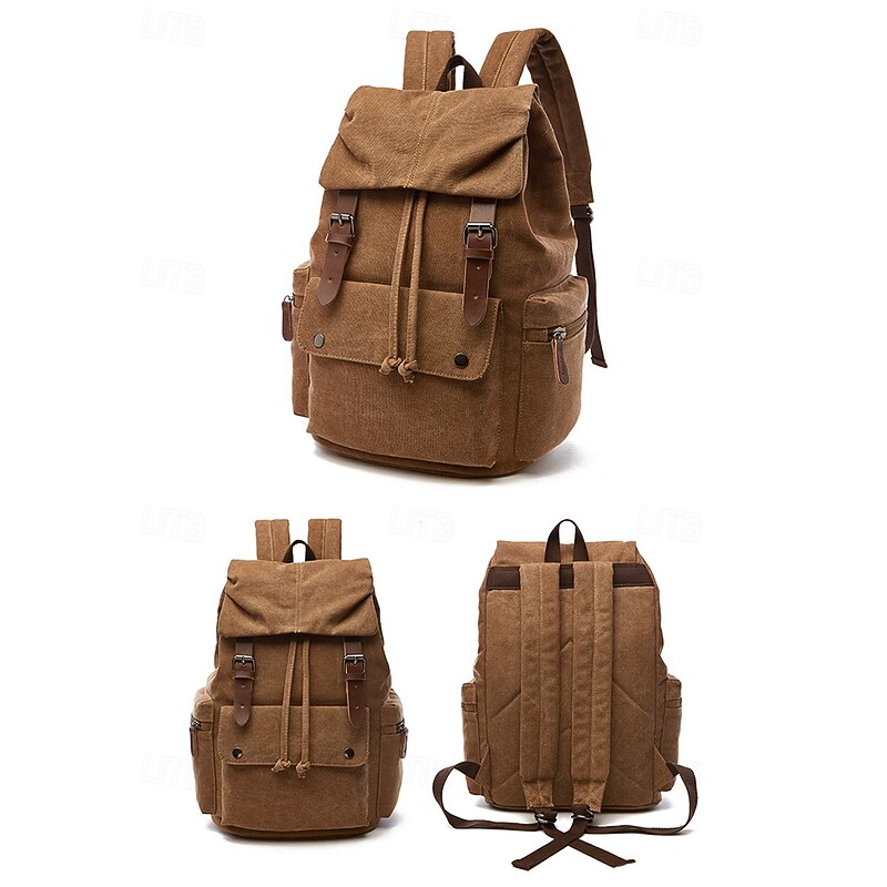 Men's Vintage Canvas Backpack with Leather Straps, Multi-Pocket Travel Rucksack for School, Work, Hiking and Outdoor Use3