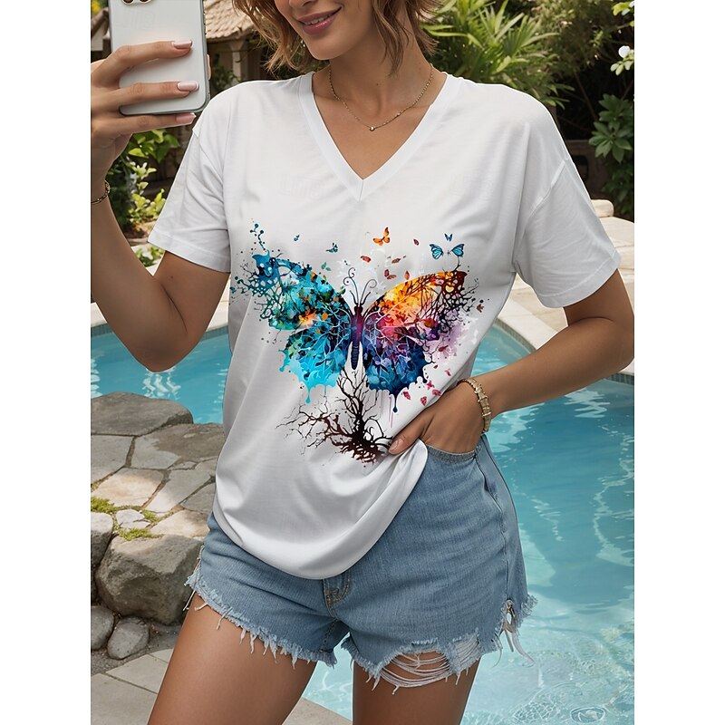 Women's T Shirt Graphic Animal Butterfly Vintage Stylish Classic Short Sleeve V Neck Regular Tops Daily Going out Weekend Print Black White Yellow Pink Red Summer Spring