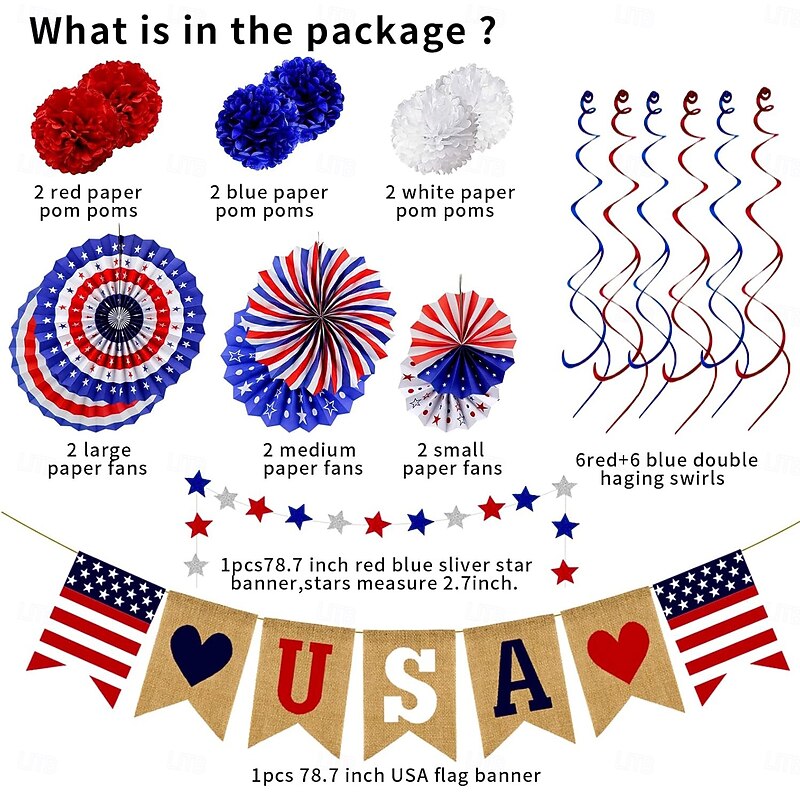 26Pcs Patriotic Decorations 4th of July Decorations LOVE USA Banner Red White Blue Paper Fans Star Streamer Pom Poms Hanging Swirls for Veterans Labor Presidents Flag Memorial Day4