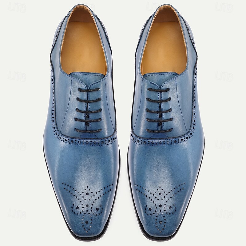 Men's Blue Genuine Cowhide Leather Brogue Dress Shoes – Classic Lace-Up Shoes for Formal Events, Business and Weddings4