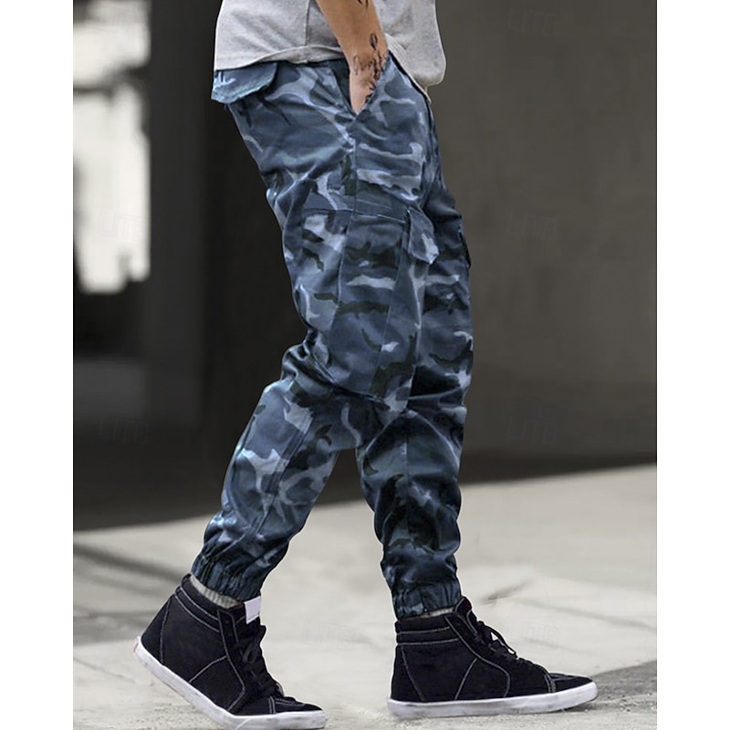 Men's Cargo Pants Trousers Camo Pants Elastic Waist Drawstring Multi Pocket Camouflage Wearable Outdoor Daily Camping & Hiking Fashion Classic Blue Green4