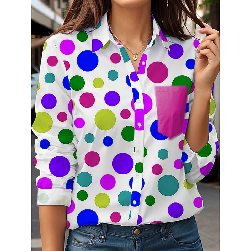 Women's Shirt Long Sleeve Button Down Blouse Graphic Polka Dot Vintage Stylish Casual Shirt Collar Regular Tops Work Daily Holiday Buttons Pocket Print Blue Purple Green Spring Fall2