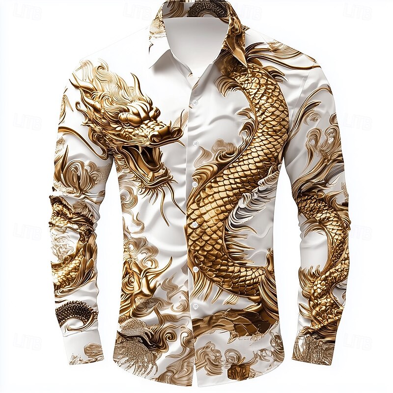 Men's Animal Dragon Shirt Button Up Shirt Long Sleeve Fashion Casual Vacation Daily Streetwear Summer Spring Turndown 3D Print Collared Shirts White Brown