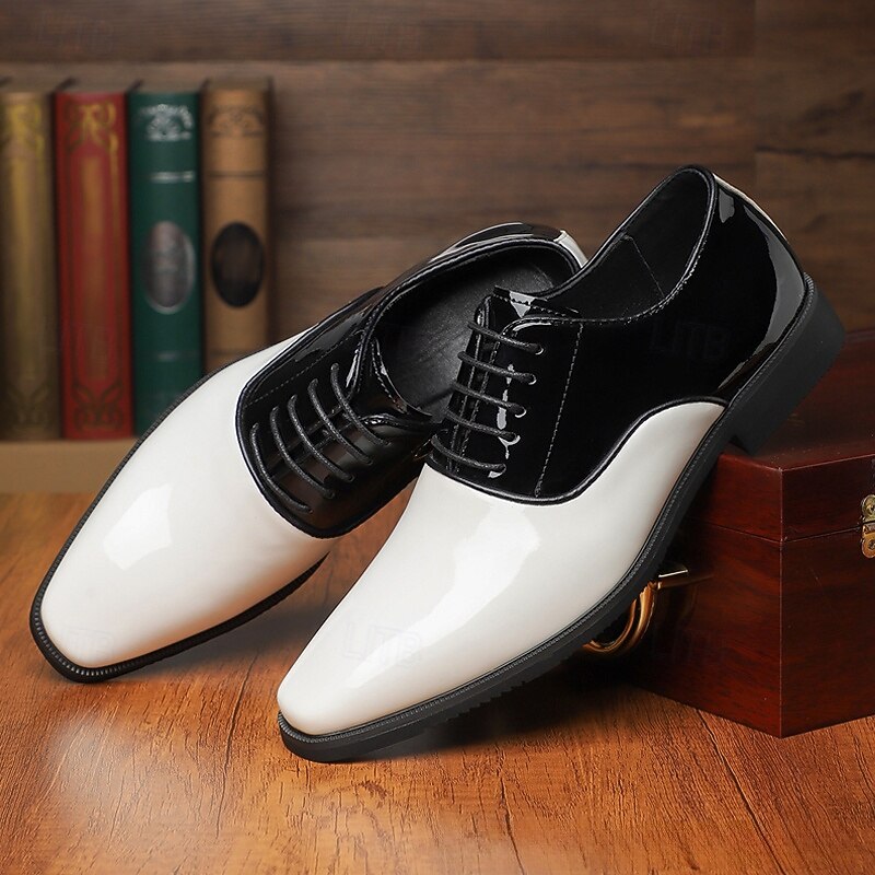 Men's Black and White Patent Leather Oxford Shoes – Classic Lace-Up Formal Shoes for Weddings, Galas & Evening Events2