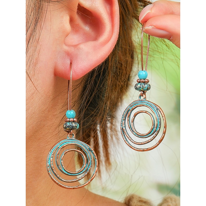 Women's Boho Vintage Turquoise Dangle Earrings Set - Vintage Tribal Style Lightweight Dangle Earrings with Antique Bronze Finish for Holiday Casual Outings and Gifts