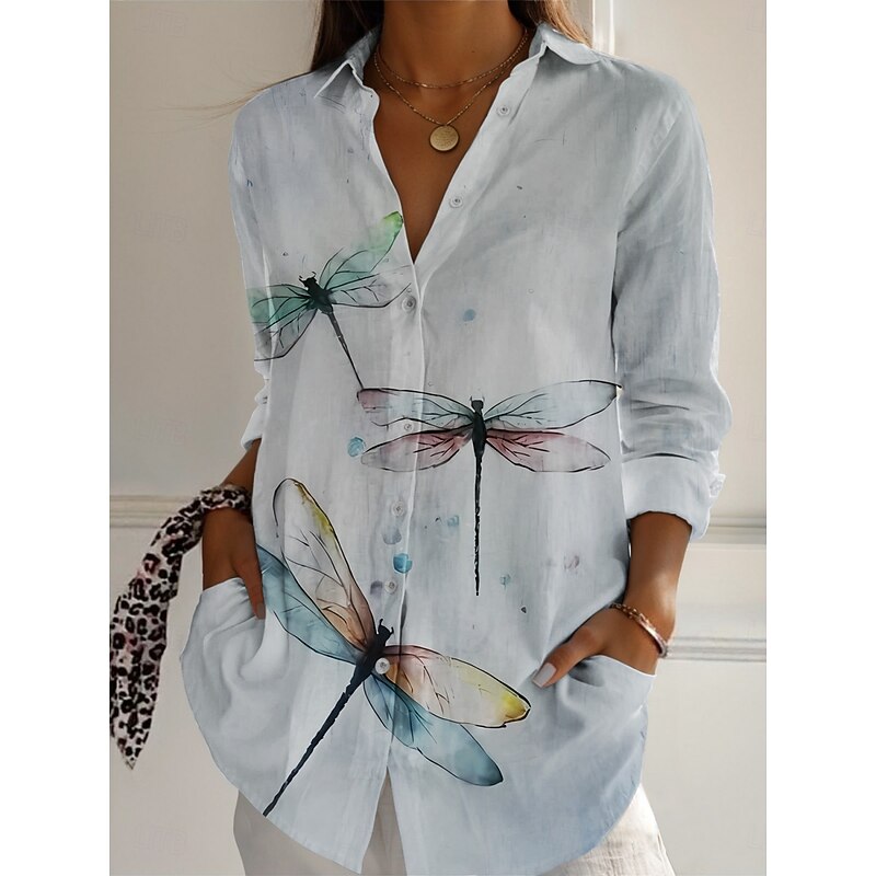 Women's Linen-Inspired Shirts Dragonfly Active Daily Stylish Long Sleeve Shirt Collar Regular Tops Daily Holiday Buttons Print Gray Spring Fall