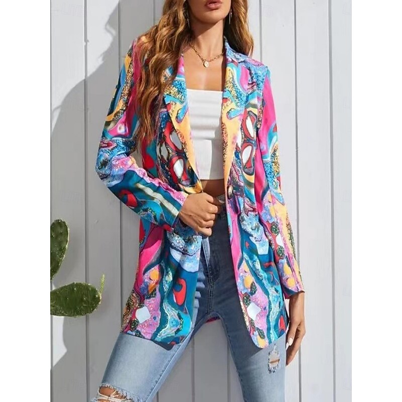 Women's Blazer Comfortable Breathable Print Modern Casual Geometric Office Street Casual Daily Wear Single Breasted Regular Turndown Loose Fit Long Sleeve Outerwear Blue Purple Fuchsia Summer Spring