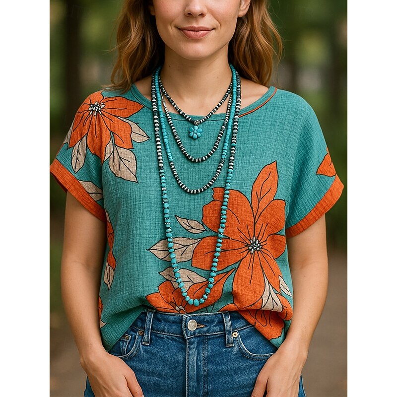 Women's Summer Tops Casual Beach Short Sleeve Crew Neck Regular Tops Green Summer