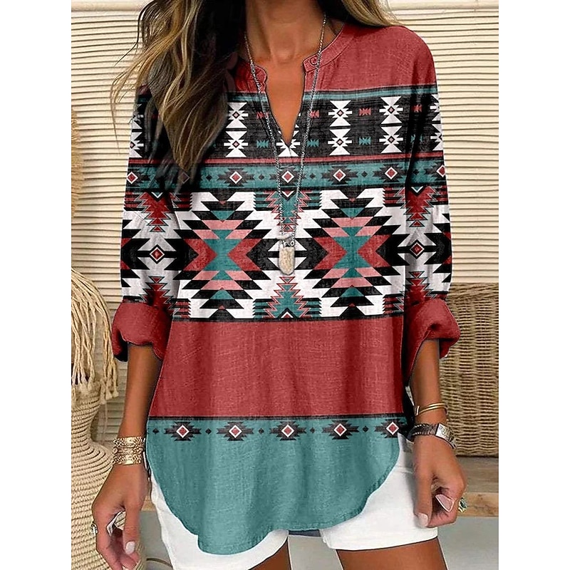 Women's Shirt Geometric Retro Vintage Ethnic Long Sleeve V Neck Regular Tops Daily Holiday Buttons Print Wine Red Summer3