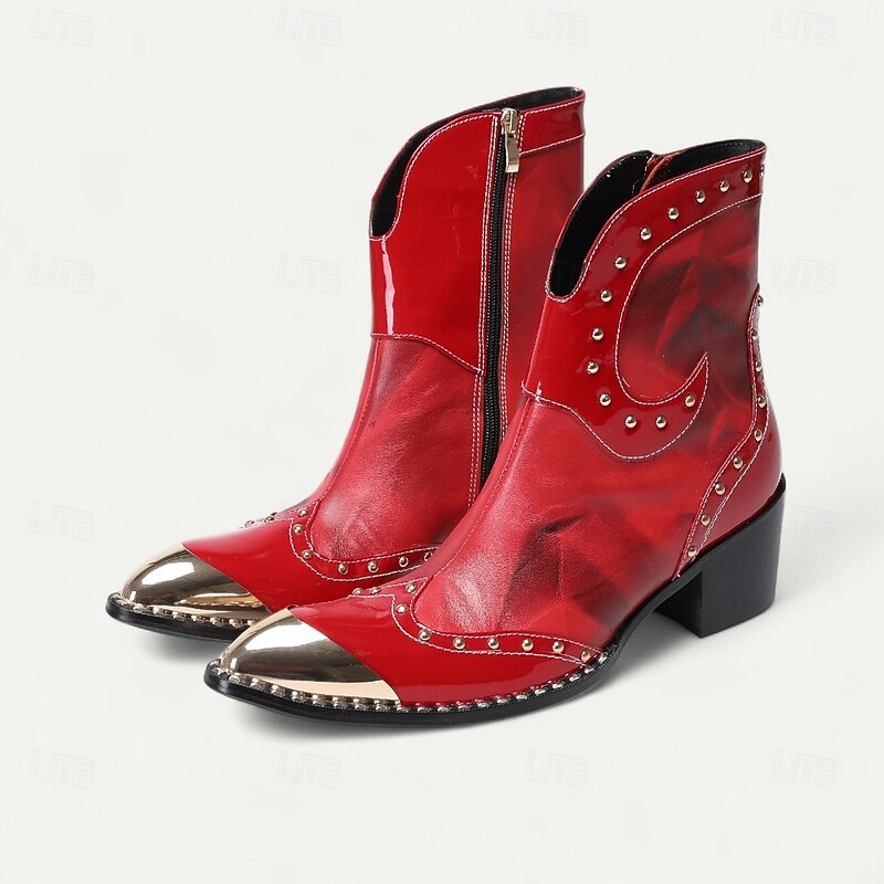 Men's Red Western Chelsea Boots – Genuine Cowhide Leather Ankle Boots with Studded Trim Side Zipper and Metallic Toe Cap for Dance Events Evening Receptions and Formal Theme Parties2