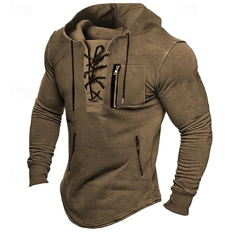 Men's T Shirt Tee Tee Top Long Sleeve Shirt Long Sleeve Hooded Spring Fall Plain Fashion Designer Basic Lace up Zipper Vacation Street Going out Black Blue Brown Top Tee for Men3