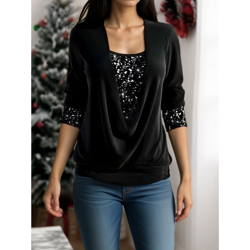 Women's Blouse Solid Color Stylish Casual Long Sleeve Crew Neck Regular Tops Daily Sequins Patchwork Black Pink Red Blue Summer Spring3