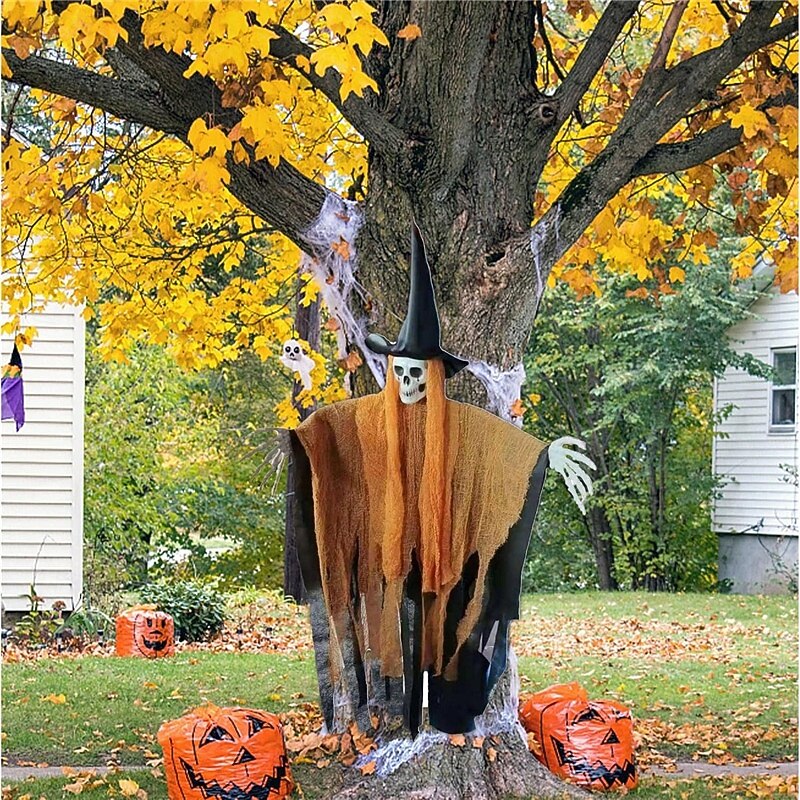 Halloween Hanging Skeleton Ghost - Flying Skeleton Ghost with Witch Hat Hanging Outdoor Decor - Haunted House Mansion Props Indoor Outdoor Decoration4