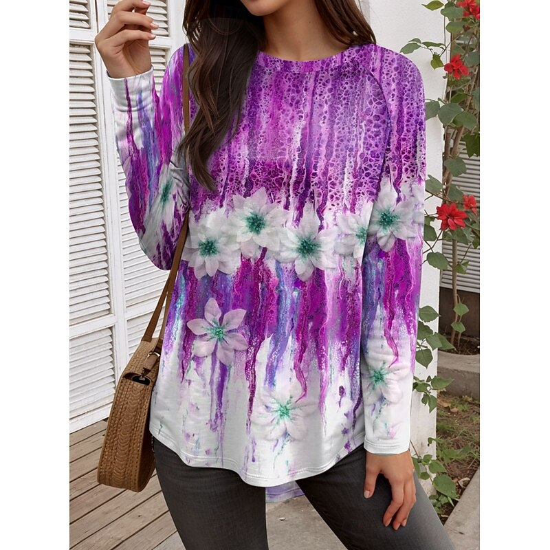 Women's T Shirt Floral Graphic Plants Vintage Fashion Stylish Long Sleeve Crew Neck Regular Tops Daily Weekend Print Purple Orange Green Spring Fall3