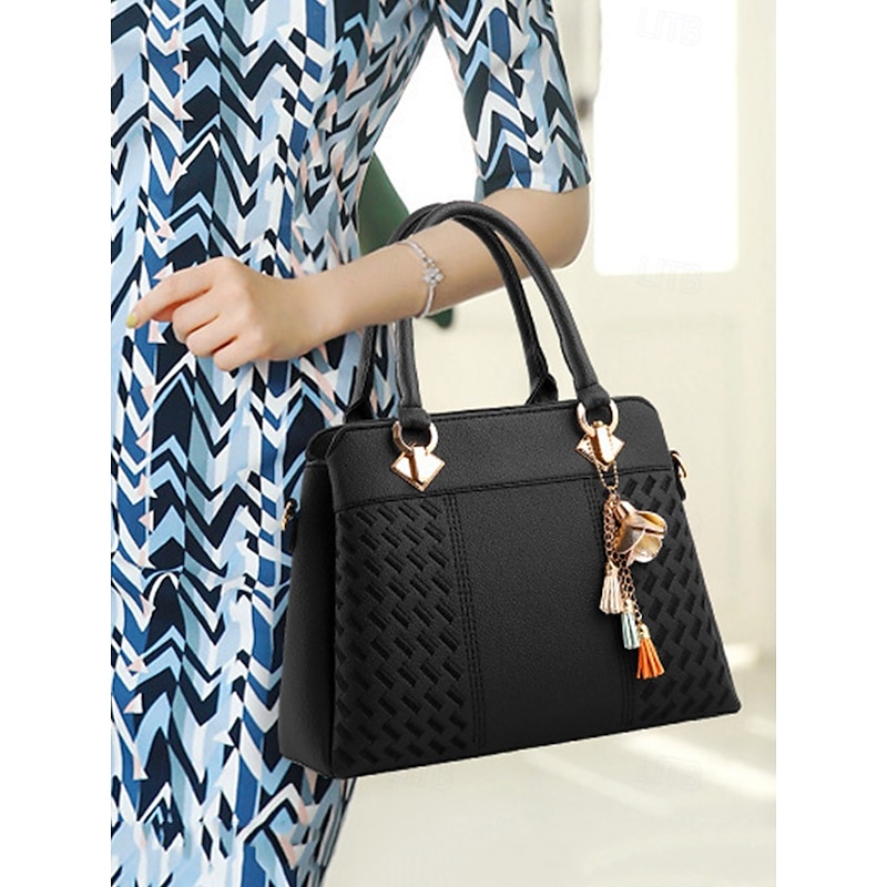 Women's Faux Leather Handbag with Tassel Charm and Textured Panels – Elegant Structured Shoulder Tote Bag for Office Work and Business Travel3