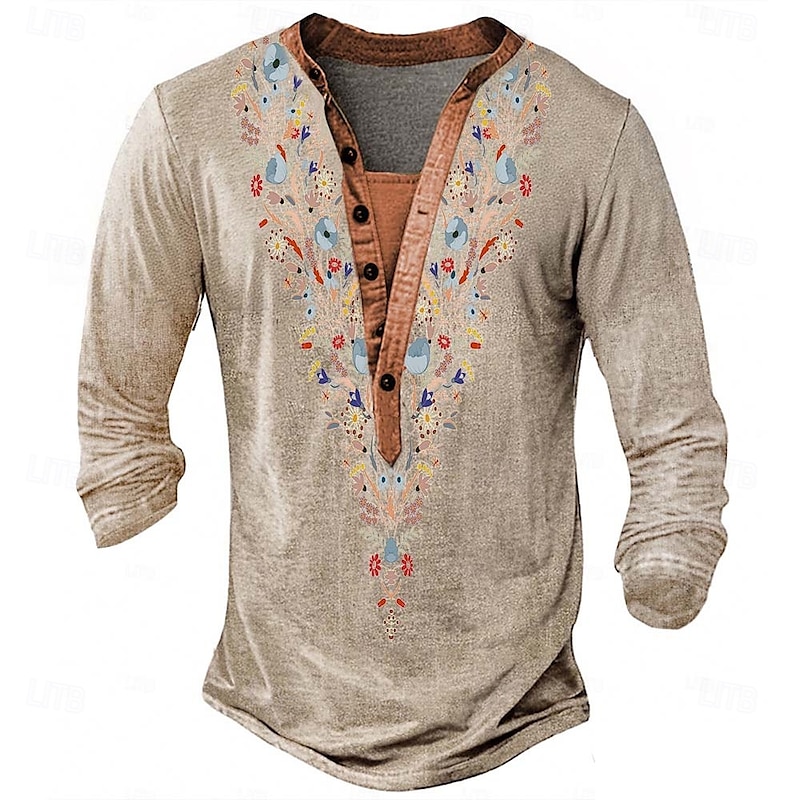 Men's Print T Shirt Henley Shirt Long Sleeve Designer Retro Vintage Bohemian Street Casual Daily Summer Spring Fall Blue Green Khaki Grey Henley Henley T-Shirt