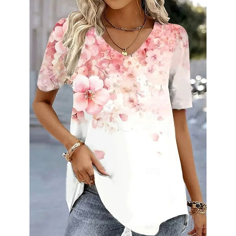 Women's T Shirt Floral Graphic Plants Vintage Fashion Hawaiian Short Sleeve V Neck Regular Tops Daily Going out Weekend Print Light Green Pink Light Blue Summer Spring