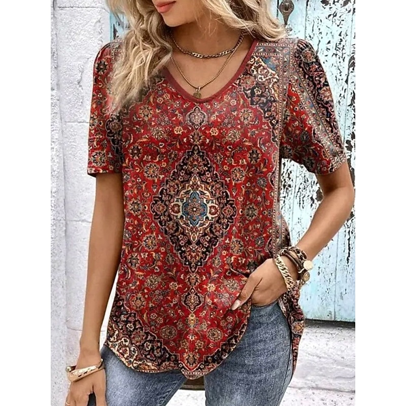 Women's T Shirt Graphic Paisley Plants Bohemia Vintage Fashion Short Sleeve V Neck Regular Tops Daily Going out Weekend Print Maroon Summer Spring