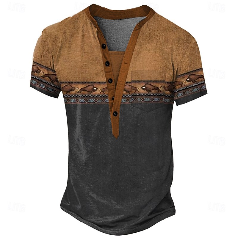 Men's Graphic Tribal Ethnic T Shirt Henley Shirt Tee Short Sleeve Vintage Designer Basic Outdoor Casual Daily Summer All Seasons Light Green Light Blue Khaki Henley Henley T-Shirt2