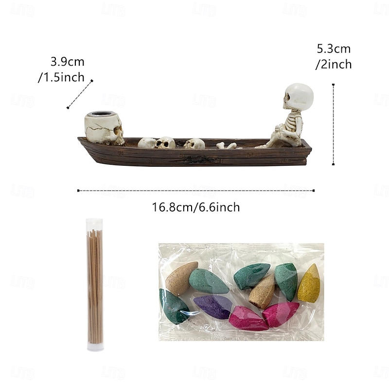 Halloween Skeleton Fishing Boat Incense Holder, Resin Spooky Skull Decor for Haunted House, Horror Atmosphere Yard Ornament for Halloween Party Display2
