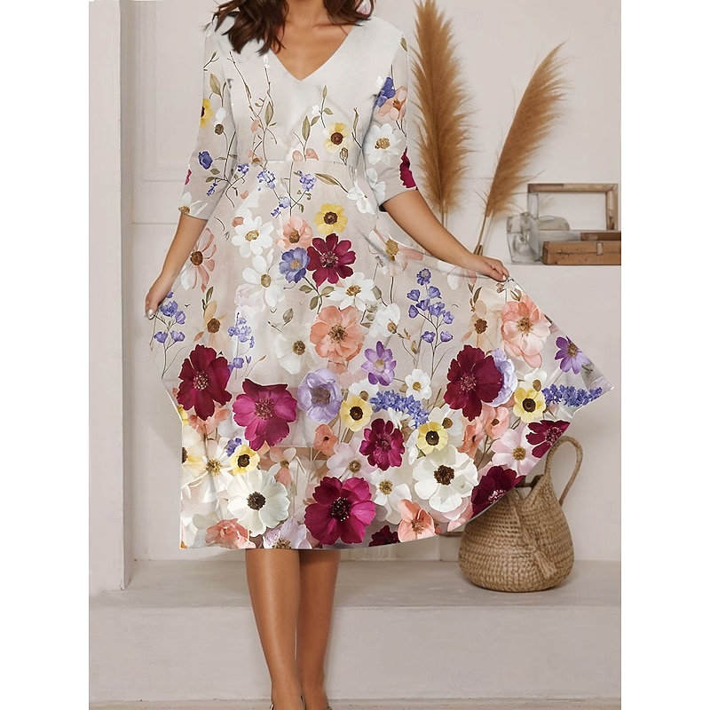 Women's Midi Dress A Line Dress Vacation Casual Going out Regular Fit Floral Graphic Long Sleeve V Neck Yellow Red Green Beige Summer3