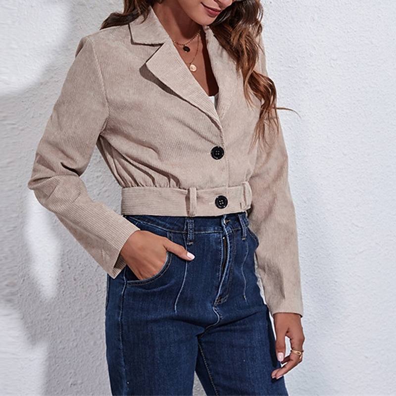 Women's Casual Jacket Warm Comfortable Corduroy Fashion Outdoor Plain Going out Weekend Short Turndown Regular Fit Long Sleeve Outerwear Khaki Fall Winter2