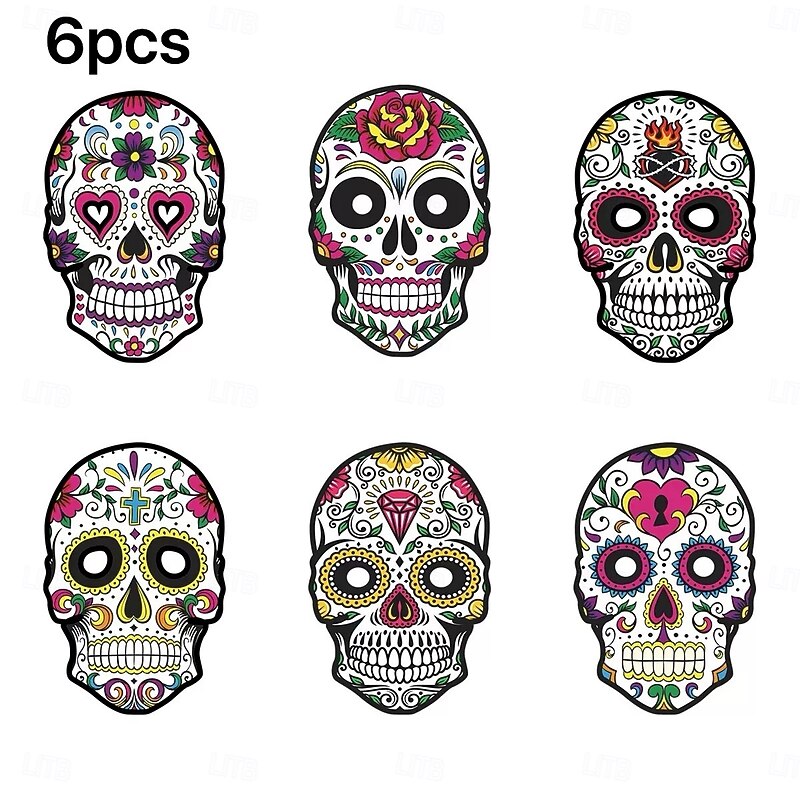 6pcs Mexican Day of the Dead Halloween Paper Masks, Festival Party Decorations, Scary Paper Masks for Halloween and Dia de los Muertos4