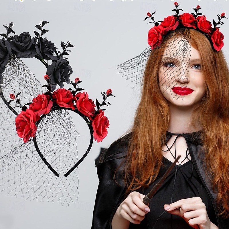 Halloween Rose Veil Headband, Gothic Flower Crown with Mesh for Costume Party, Spooky Festival, Masquerade, Performance Hair Accessory