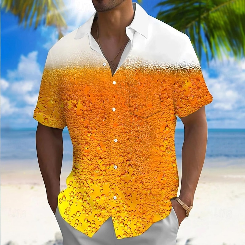 Men's Optical Illusion Oktoberfest Beer Shirt Summer Shirt Button Up Shirt Short Sleeve Fashion Casual Outdoor Holiday Summer Spring Turndown 3D Print Collared Shirts Front One Pocket Yellow Orange
