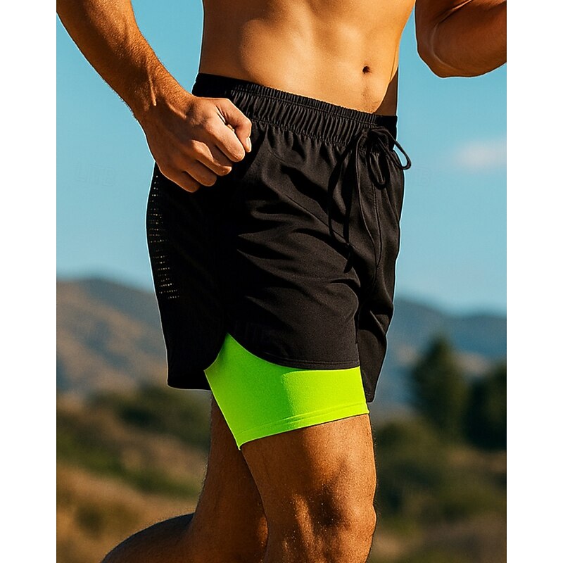 Men's Shorts with Tights Patchwork Shorts Outdoor Sports & Outdoor Casual Quick Dry Lightweight Breathable Tennis Golf Running Regular Fit Sportswear Activewear Color Block fluorescent green Black Red3