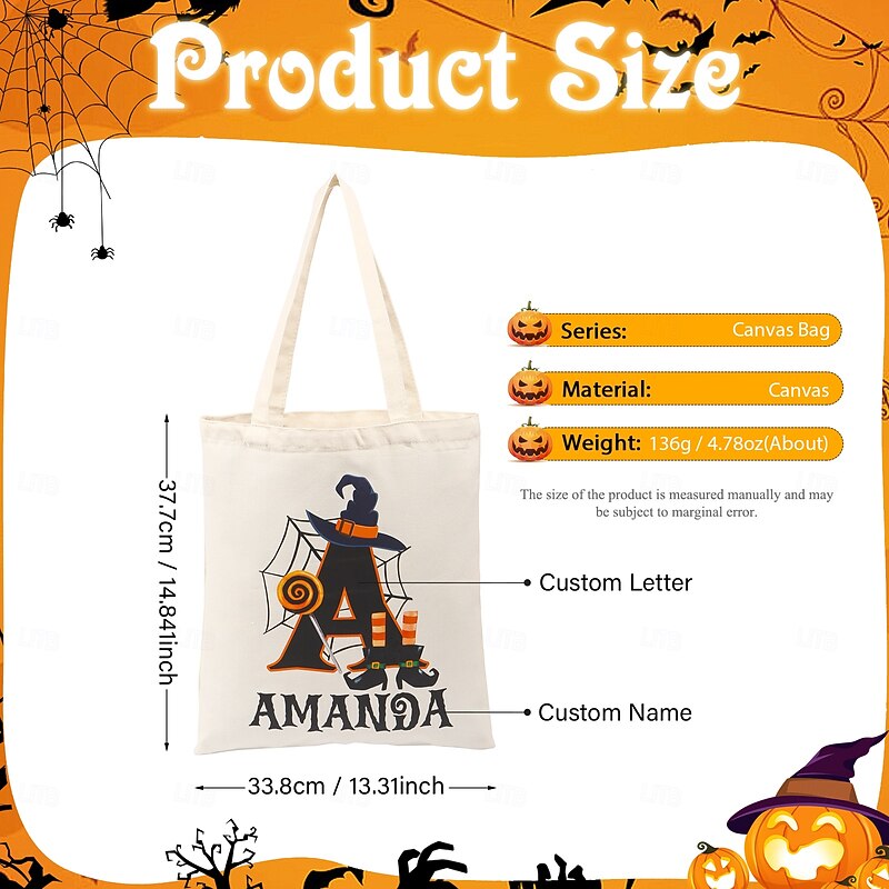Personalized Name Halloween Treat Bag for Kids Custom Initial Candy Tote Bag Basket for Trick or Treat, Halloween-Themed Gift with Custom Name and Initial, Unique Trick-or-Treater Present for Boys and Girls2