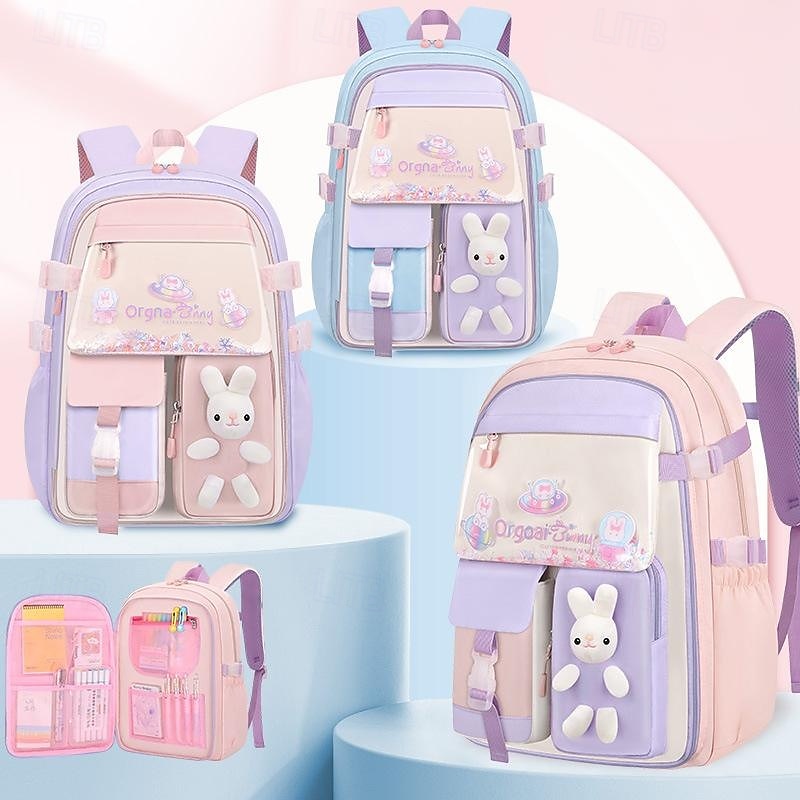 Kids and Teen Girls' Kawaii Backpack – Pastel Cartoon School Bag with Bunny Plush Charm and Multi-Pocket Organizer for Elementary and Middle School