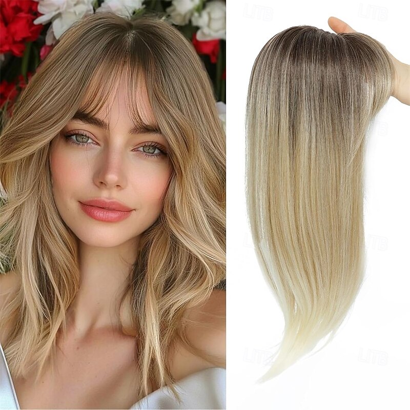 Hair Topper 18 Inch Long Hair Toppers for Women with Thinning Hair 360 3D Clip in Blunt Wispy Bangs