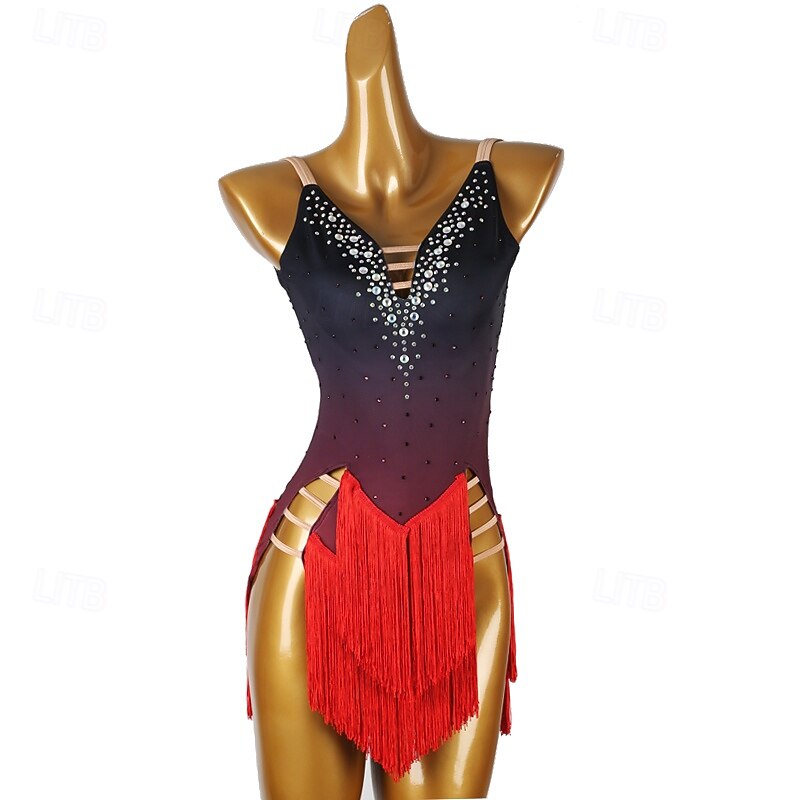 Latin Dance Dress Tassel Splicing Crystals / Rhinestones Women's Performance Party Sleeveless Chinlon Spandex