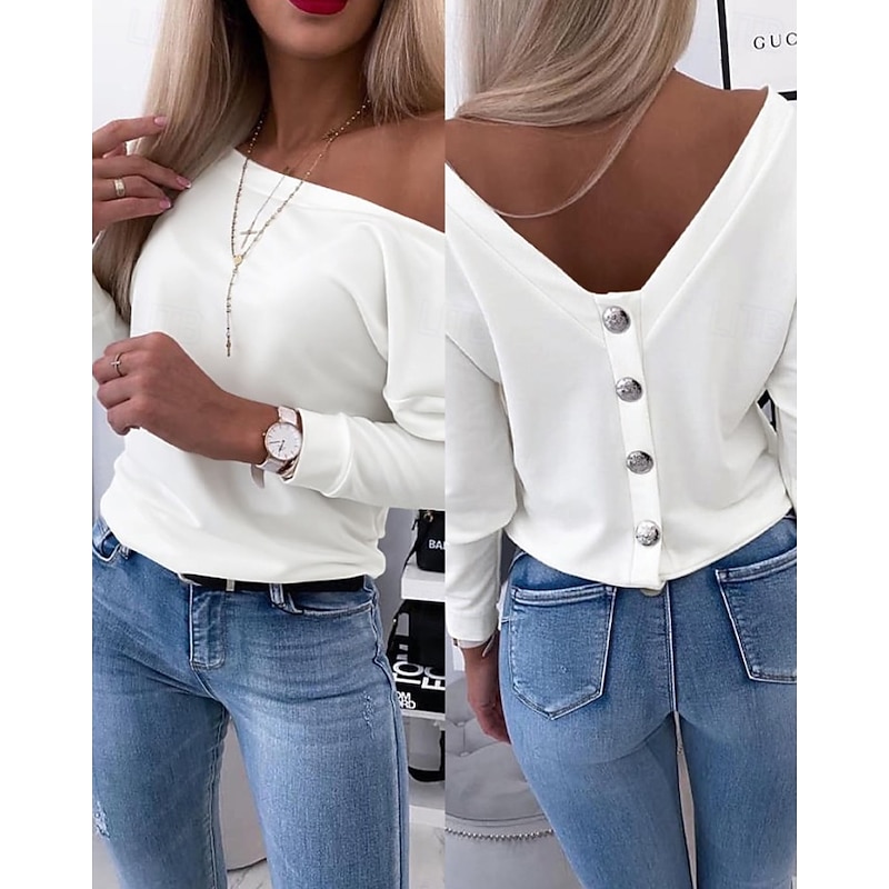 Women's Blouse Solid Color Stylish Casual Long Sleeve Crew Neck Regular Tops Daily Buttons Black White Pink Spring Fall