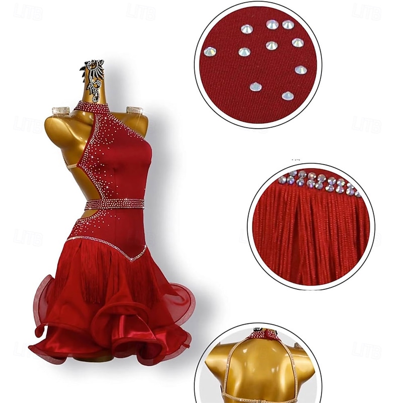 Red Off-The-Shoulder Diamond-Studded Latin Dance Dress Women's Competition Performance Mesh Skirt2