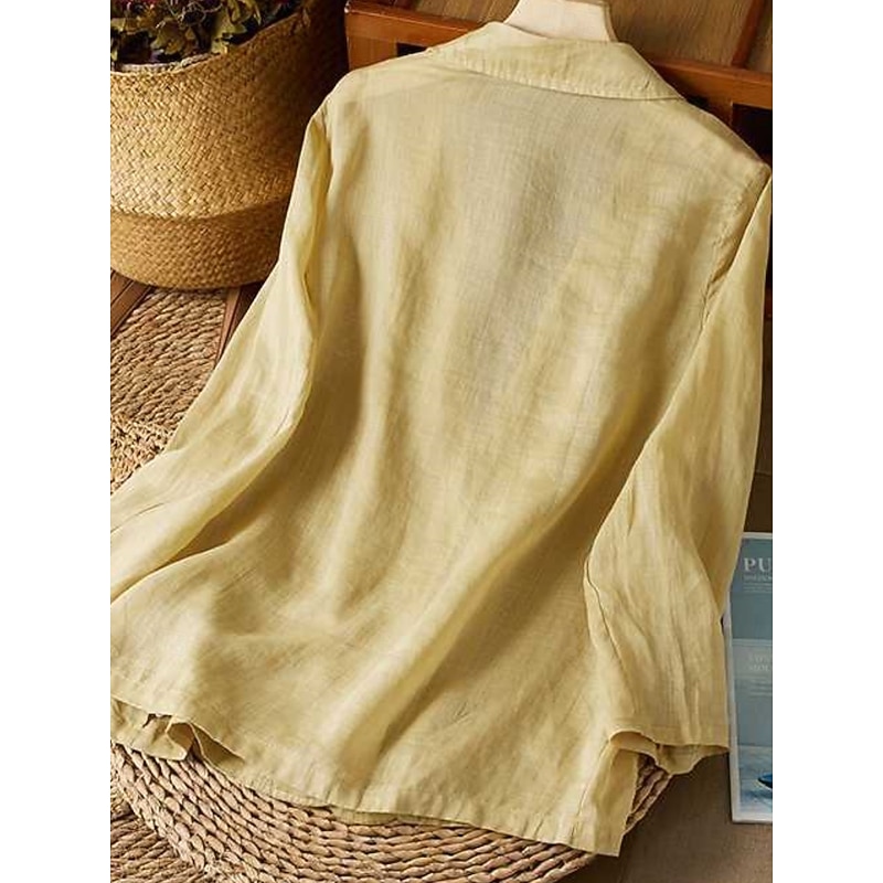 Women's Cotton Linen Blazer Solid Color Stylish Basic Casual Long Sleeve Shirt Collar Regular Tops Work Daily Buttons White Yellow Summer4