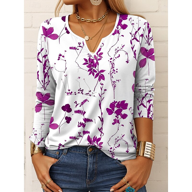 Women's T Shirt Graphic Plants Stylish Casual Long Sleeve Notched Neck Regular Tops Daily Weekend 3D Print Print Yellow Blue Purple Green Spring Fall3