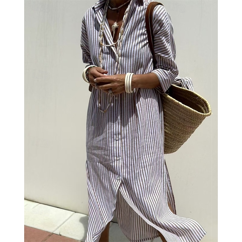 Women's Midi Dress Linen-Inspired Dresses Shirt Dress Casual Dress Fashion Modern Daily Beach Weekend Regular Fit Striped Long Sleeve Shirt Collar Pink Light Brown Blue Summer Spring3