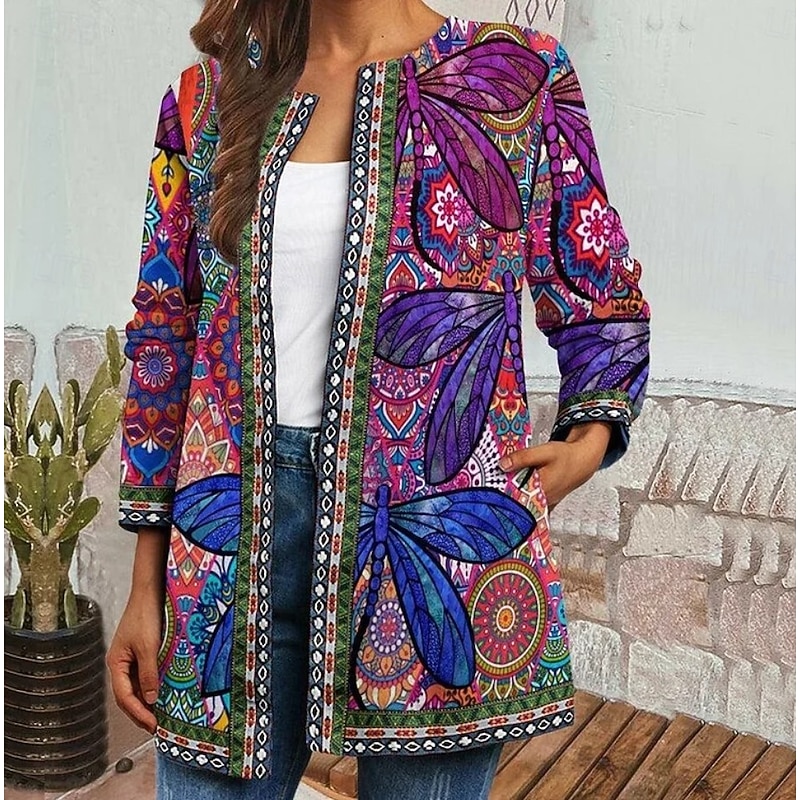 Women's Jacket Dailywear Print Floral Casual / Daily Elegant Regular Fit Outerwear Long Sleeve Spring Black S