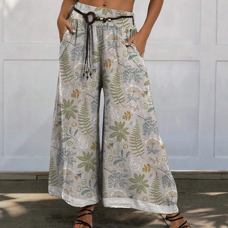 Women's Culottes Wide Leg Slacks Swing Vacation Vintage Ethnic Style Full Length Mid Waist Floral Graphic Micro-elastic Outdoor Vacation Home Multicolor Summer Spring Fall Loose Fit