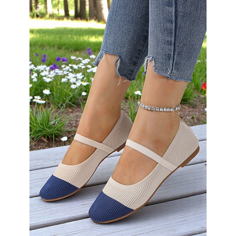 Women's Two-Tone Knit Ballet Flats with Strap – Breathable Casual Mary Jane Shoes for Daily Wear, Walking and Spring Outings2