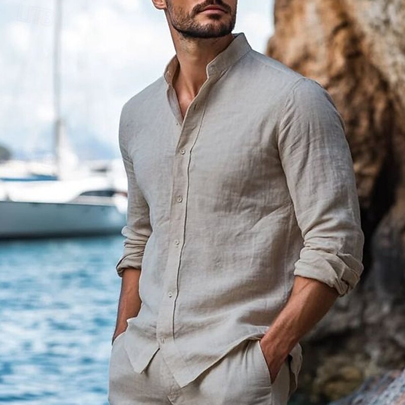 Men's Shirt Linen Shirt Band Collar Shirt Summer Shirt Beach Wear Casual Shirt Solid Color Vacation Curise Black White Blue Khaki Long Sleeve Collar Clothing Apparel