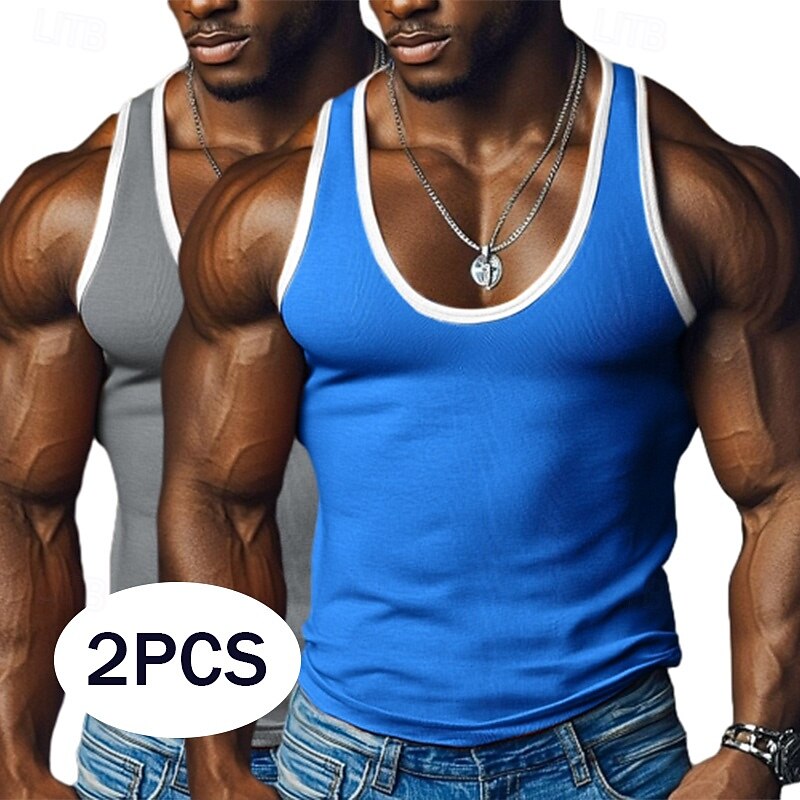 2 Piece  Men's Tank Top Undershirt Sleeveless Shirt Wife beater Shirt Sleeveless U Neck Deep U Scoop Neck Summer Color Block Pit Strip Fashion Designer Sporty Plain Outdoor Casual Going out Orange