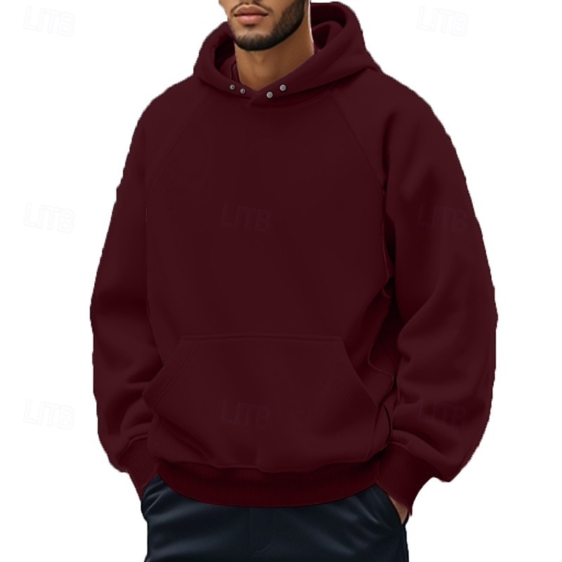 Men's Hoodie Pullover Hoodie Sweatshirt Fleece Hoodie Wine Red Black Khaki Light Grey Dark Gray Hooded Plain Front Pocket Sports & Outdoor Casual Daily Streetwear Cool Sportswear Fall & Winter3