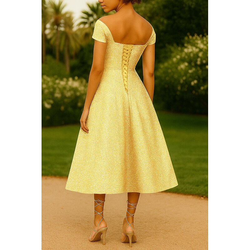 Black Tie Gold Sparkle Jacquard A-Line Cocktail Dresses Elegant Dress Formal Wedding Tea Length Midi Length Sleeveless Off Shoulder with Pleats3